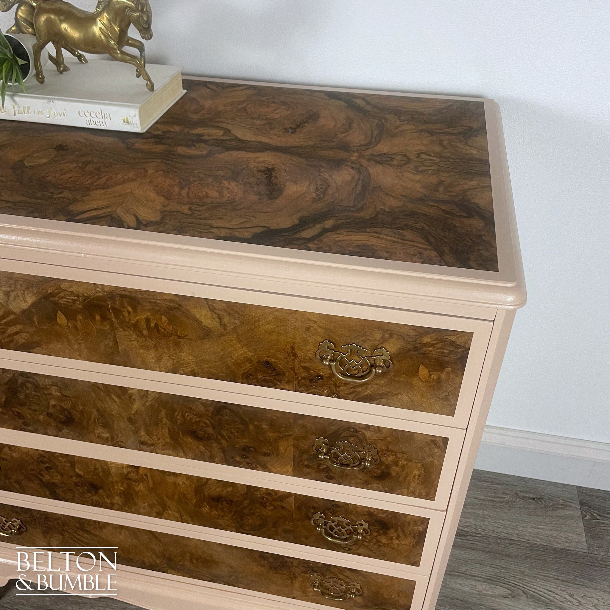Four Drawer Chest of Drawers in Dusky Pink and Burr Walnut-Belton & Bumble
