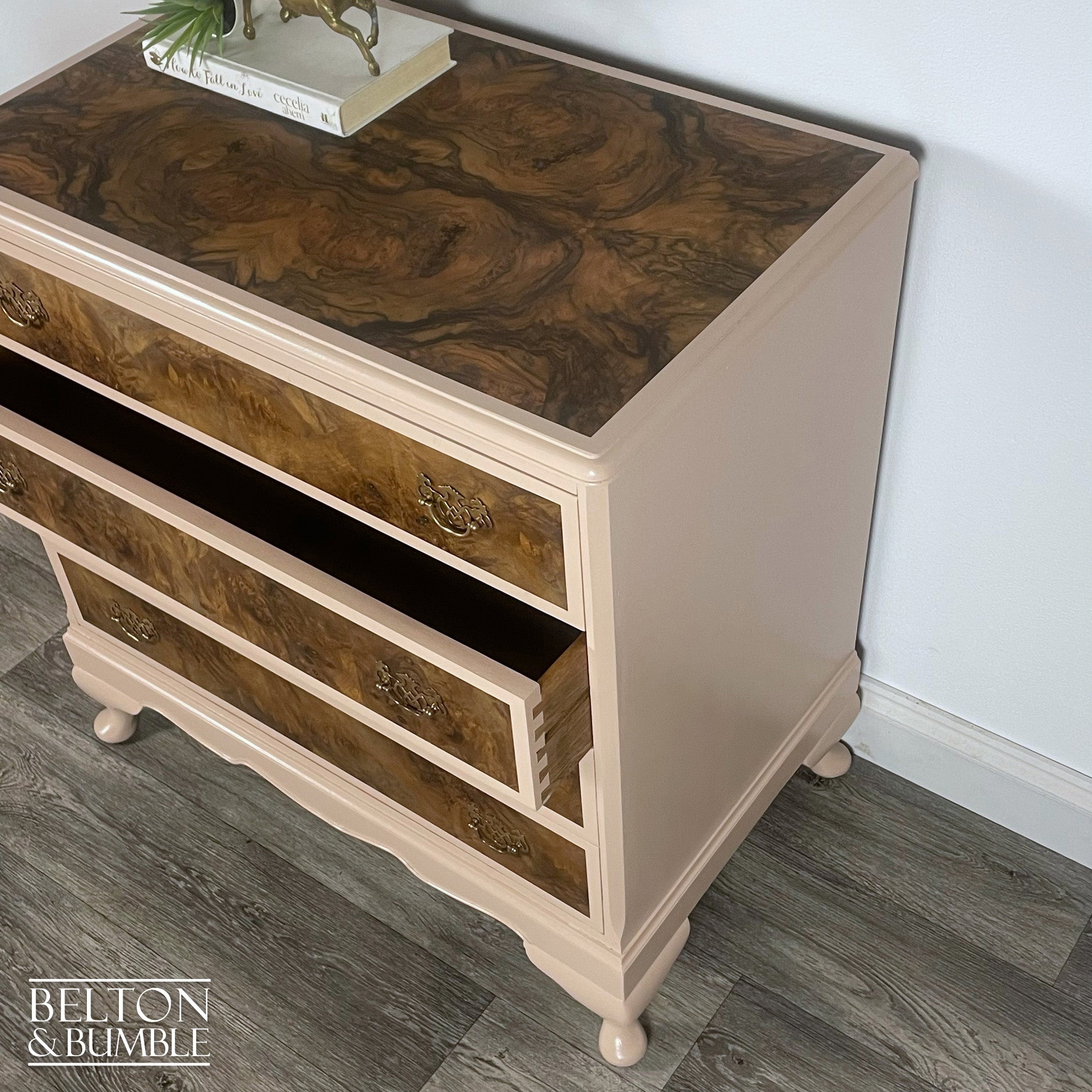 Four Drawer Chest of Drawers in Dusky Pink and Burr Walnut-Belton & Bumble