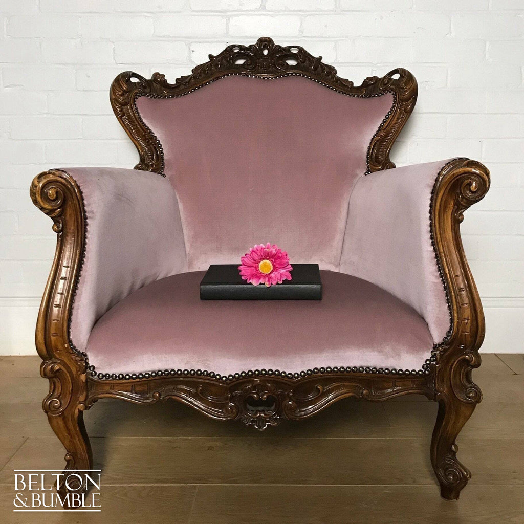 Louis Style Throne Armchair in Pale Pink Velvet-Belton & Bumble