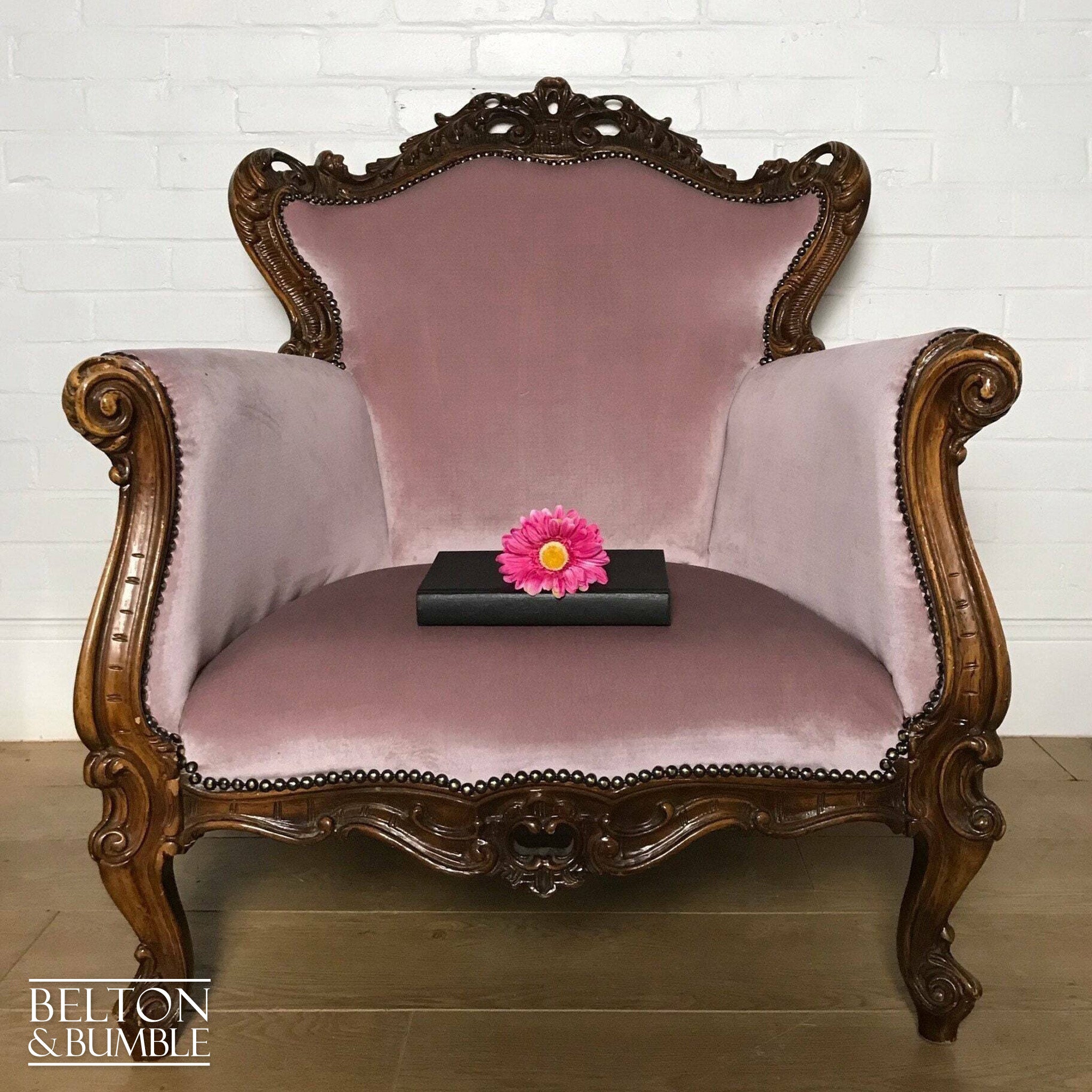 Louis Style Throne Armchair in Pale Pink Velvet-Belton & Bumble