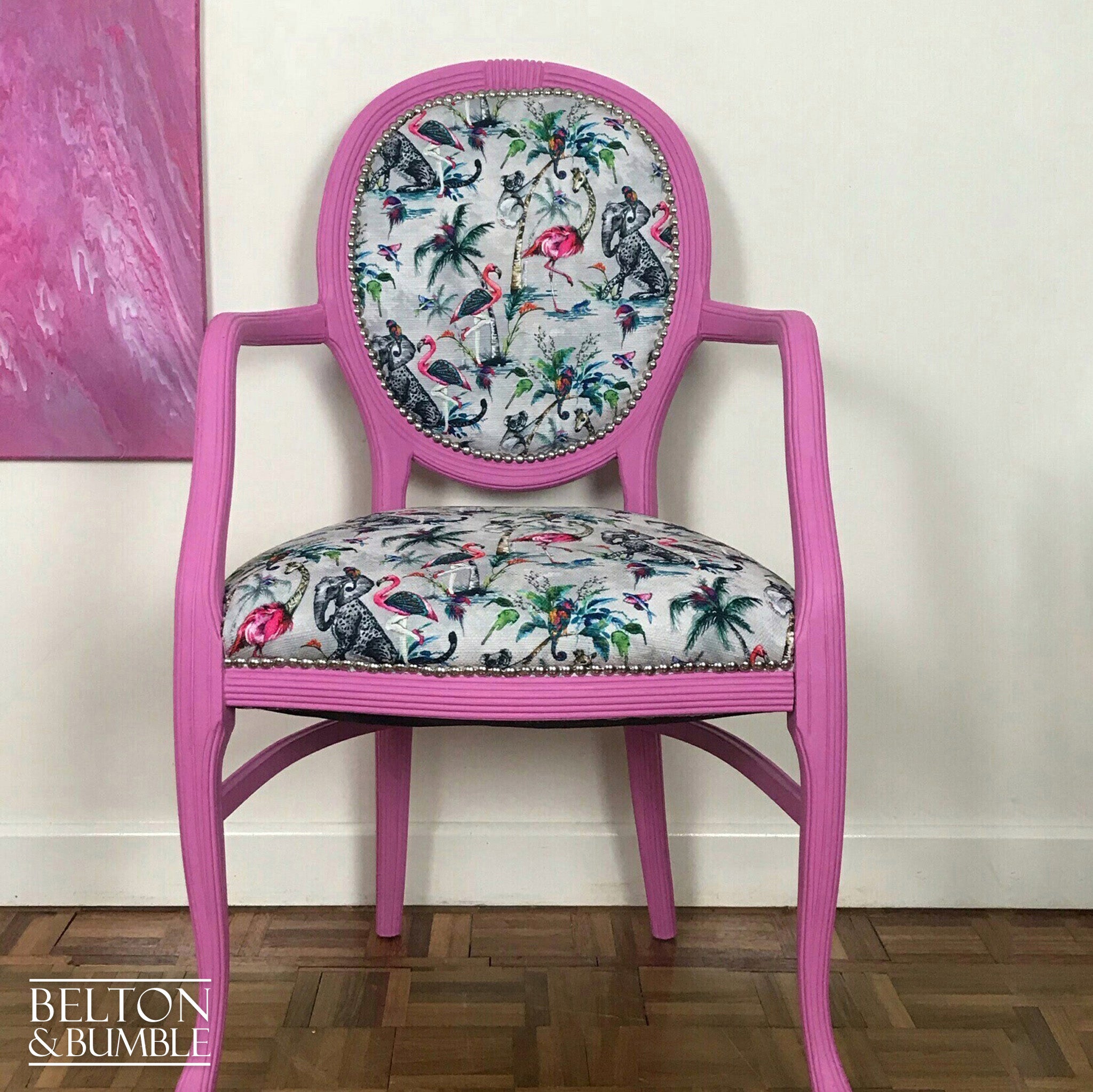 Bright Pink Balloon Backed Carver Chair with Muck N Brass Grey ChiMiracle fabric.-Belton & Bumble