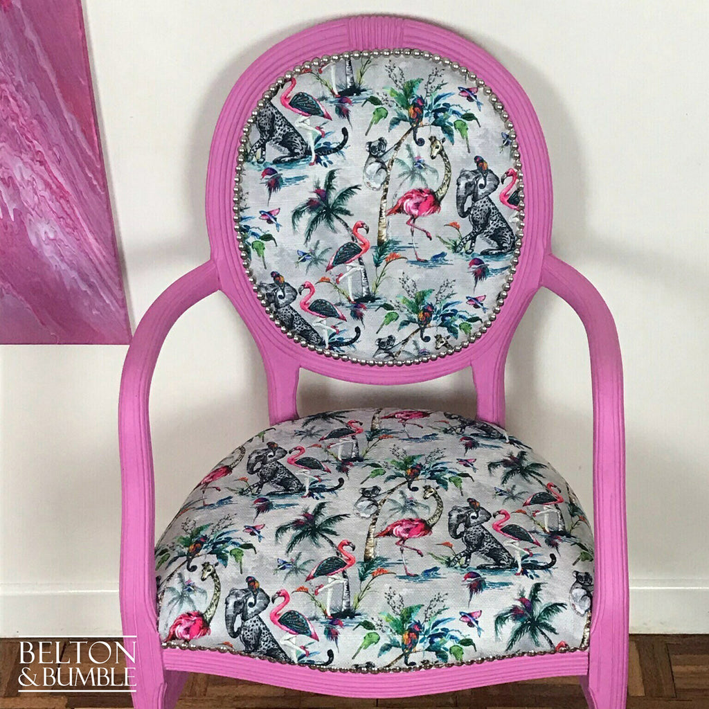 Bright Pink Balloon Backed Carver Chair with Muck N Brass Grey ChiMiracle fabric.-Belton & Bumble