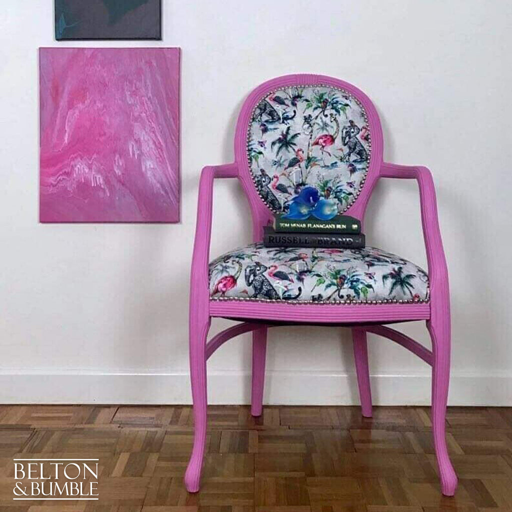 Bright Pink Balloon Backed Carver Chair with Muck N Brass Grey ChiMiracle fabric.-Belton & Bumble