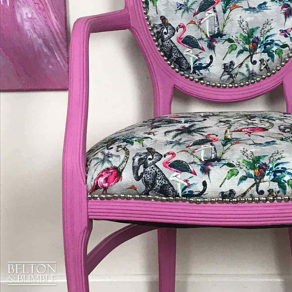 Bright Pink Balloon Backed Carver Chair with Muck N Brass Grey ChiMiracle fabric.-Belton & Bumble