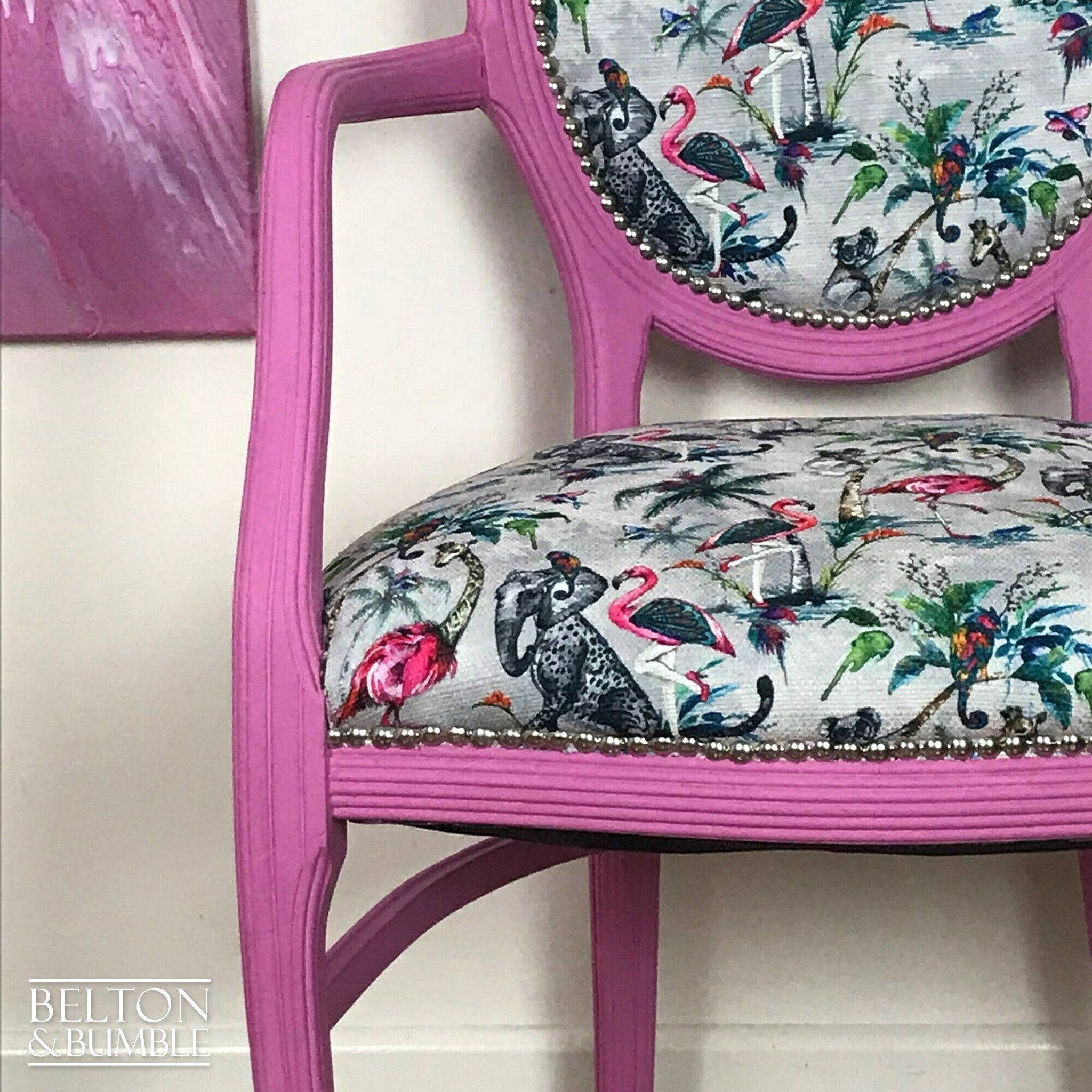 Bright Pink Balloon Backed Carver Chair with Muck N Brass Grey ChiMiracle fabric.-Belton & Bumble