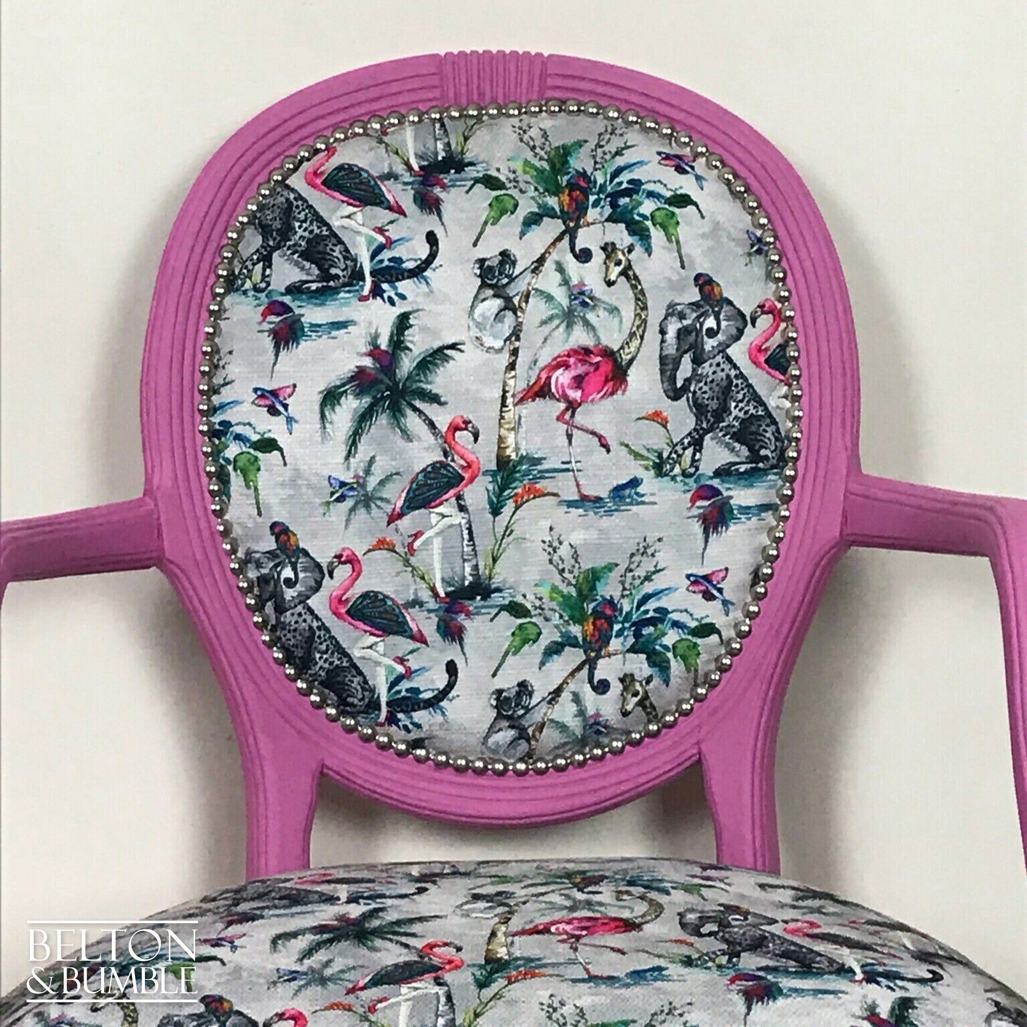 Bright Pink Balloon Backed Carver Chair with Muck N Brass Grey ChiMiracle fabric.-Belton & Bumble