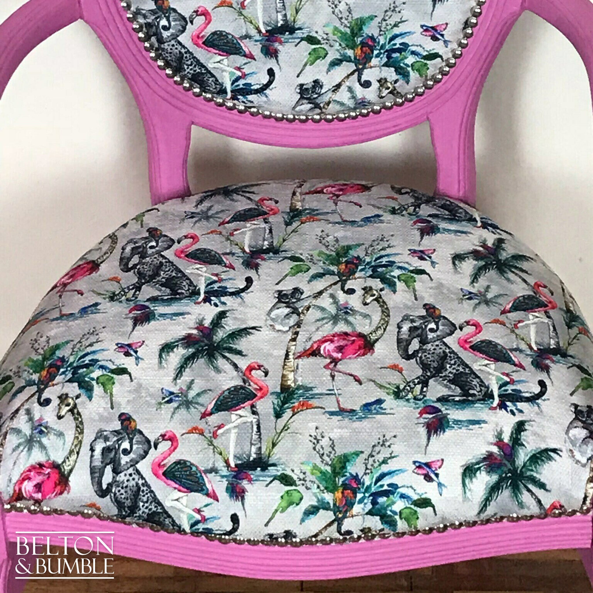 Bright Pink Balloon Backed Carver Chair with Muck N Brass Grey ChiMiracle fabric.-Belton & Bumble