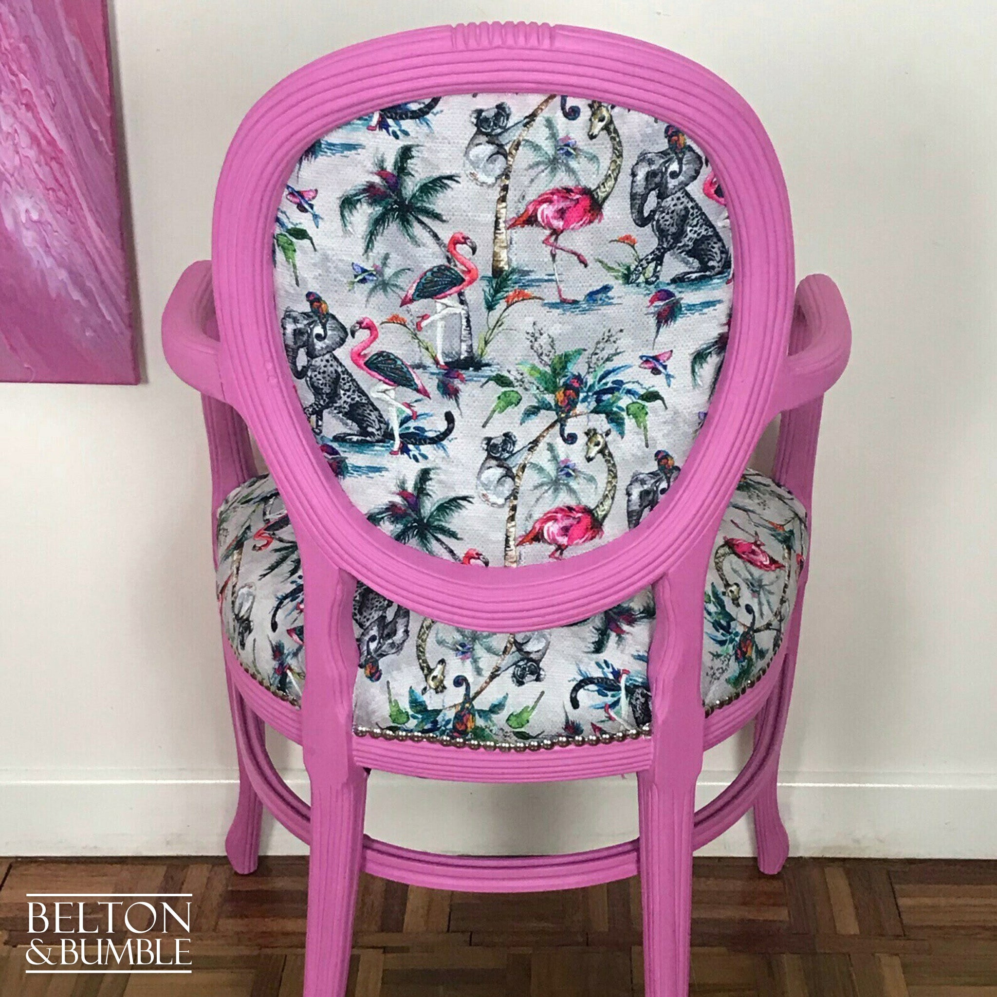 Bright Pink Balloon Backed Carver Chair with Muck N Brass Grey ChiMiracle fabric.-Belton & Bumble