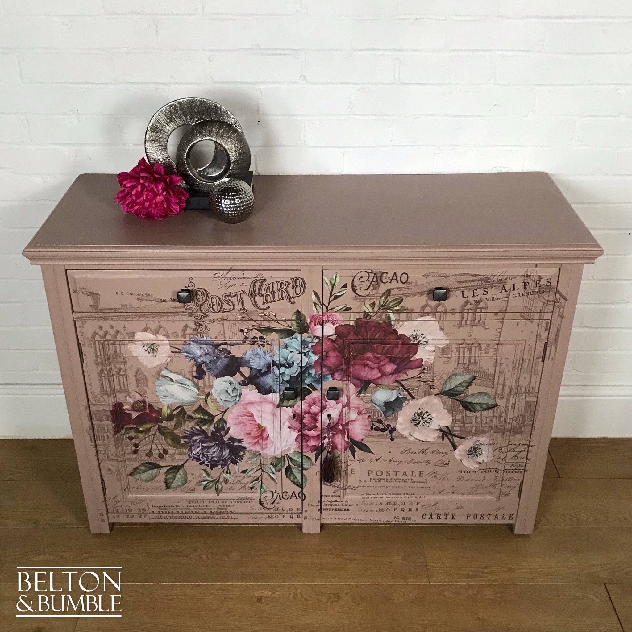 Rustic Pink Floral Sideboard Cupboard with Drawers-Belton & Bumble