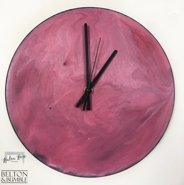 Pink & Black Edge Vinyl Record Clock – Contemporary Abstract — front view of 12-inch abstract vinyl clock