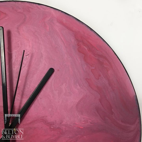 Pink & Black Edge Vinyl Record Clock – Contemporary Abstract —  close up shot highlighting layered pour patterns