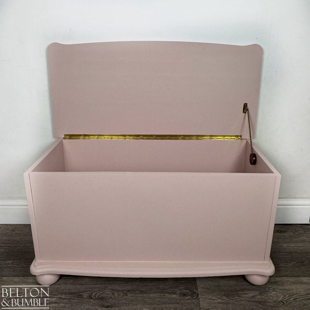 Front-facing image of open blush pink chest showing spacious interior and brass hinge detailing.