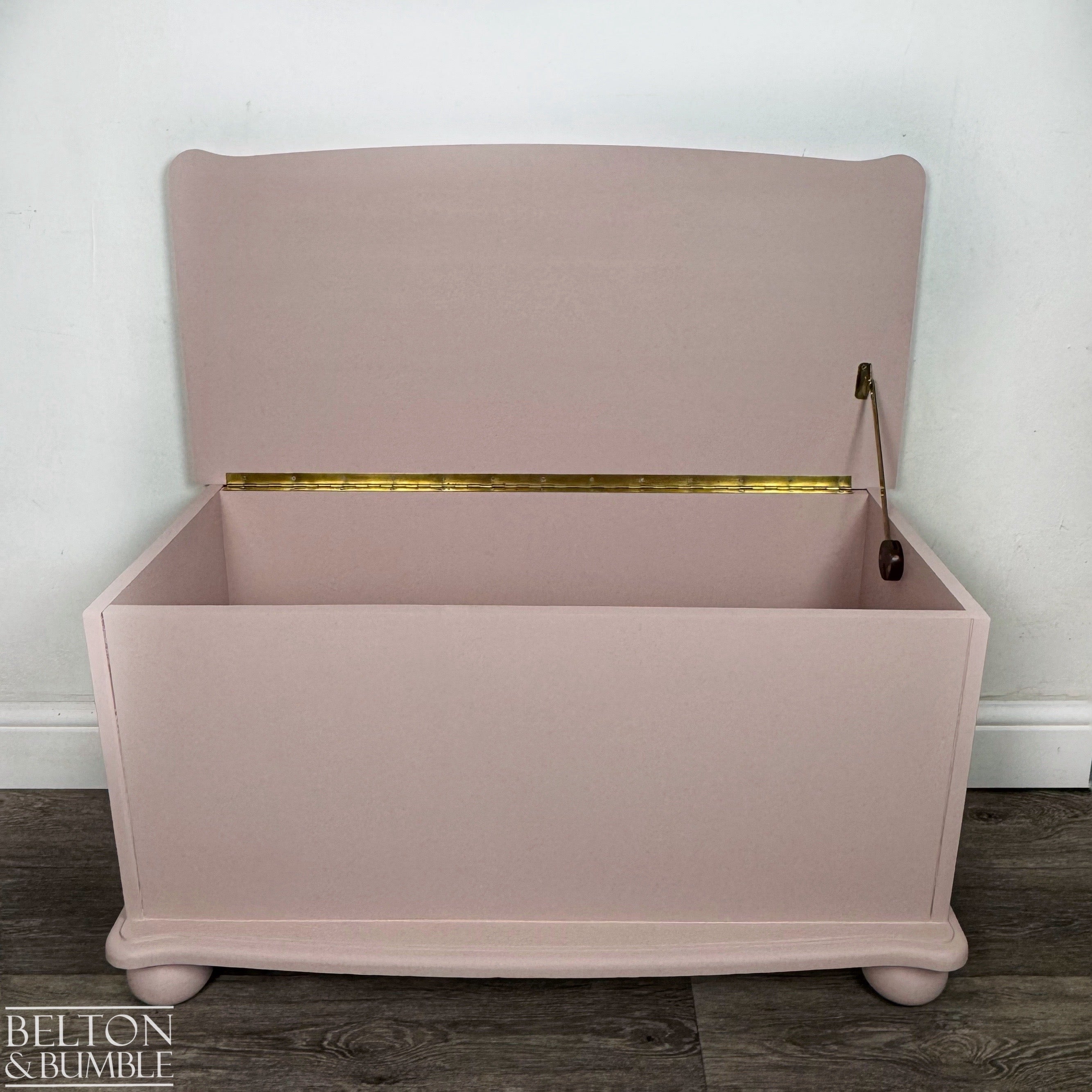 Front-facing image of open blush pink chest showing spacious interior and brass hinge detailing.