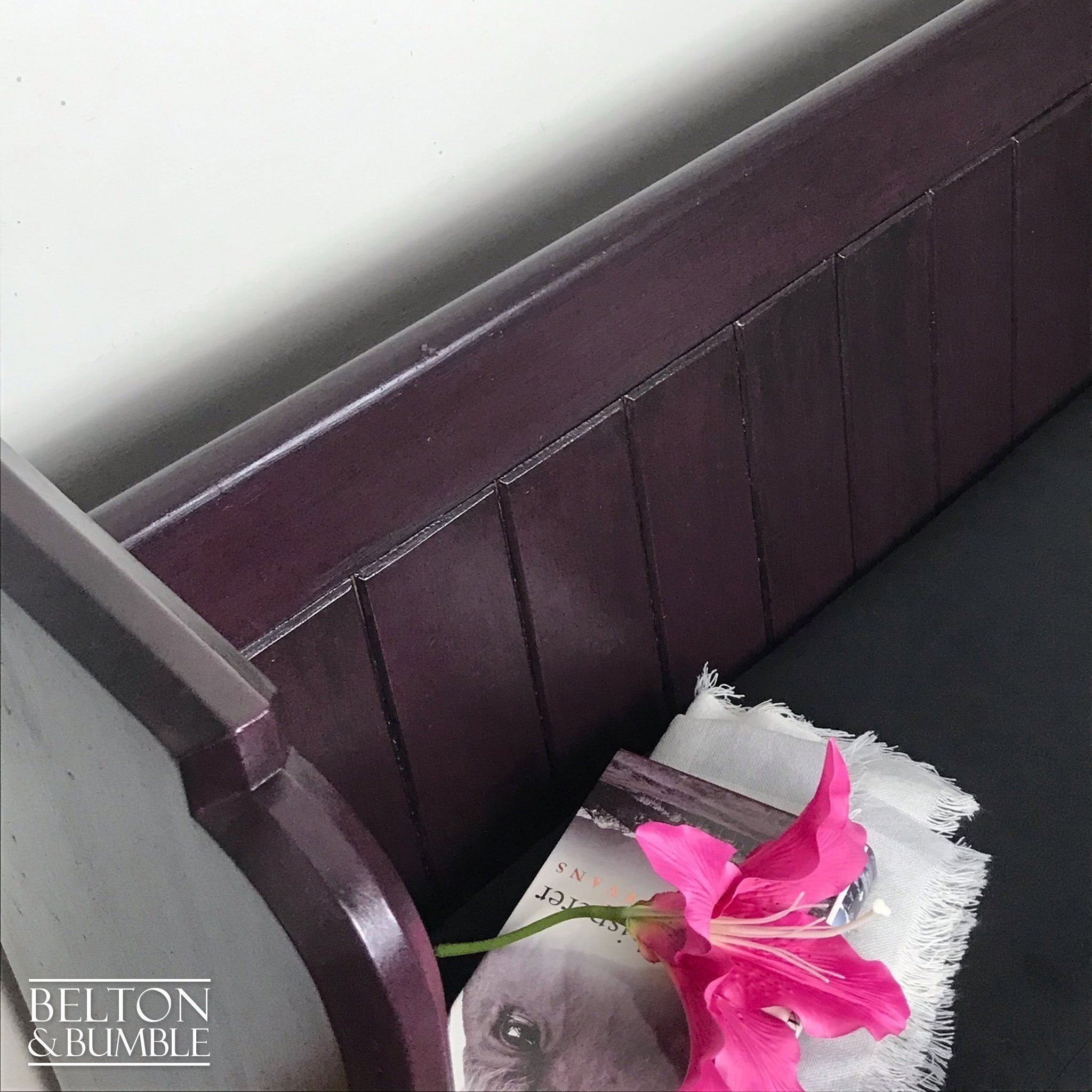 Dark Purple Church Pew Bench and Black Velvet Cushion-Belton & Bumble