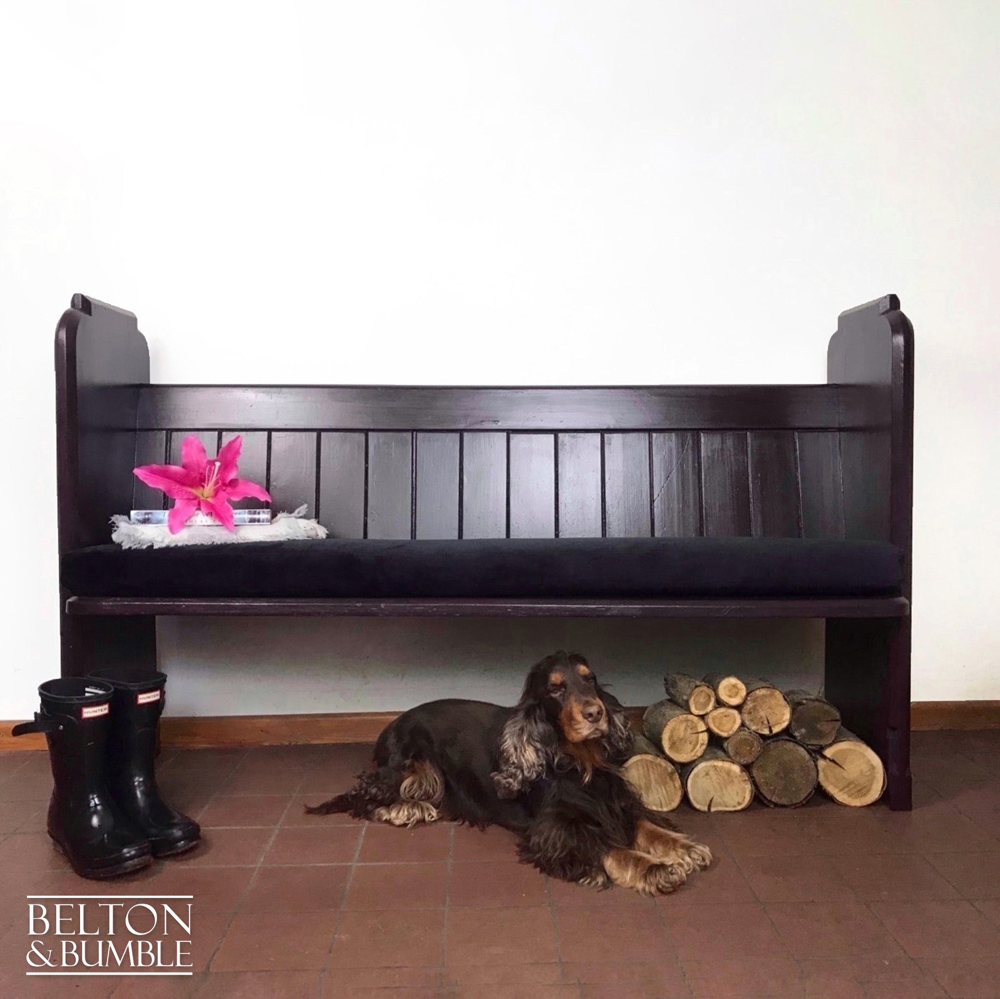 Dark Purple Church Pew Bench and Black Velvet Cushion-Belton & Bumble