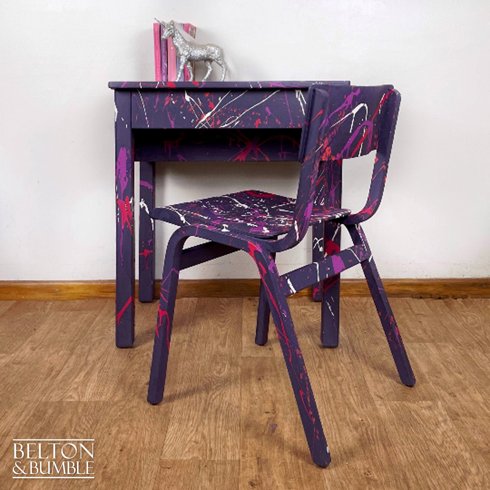Old School Lift Lid Child’s Writing Desk and Chair in Purple with Multi Coloured Details-Belton & Bumble