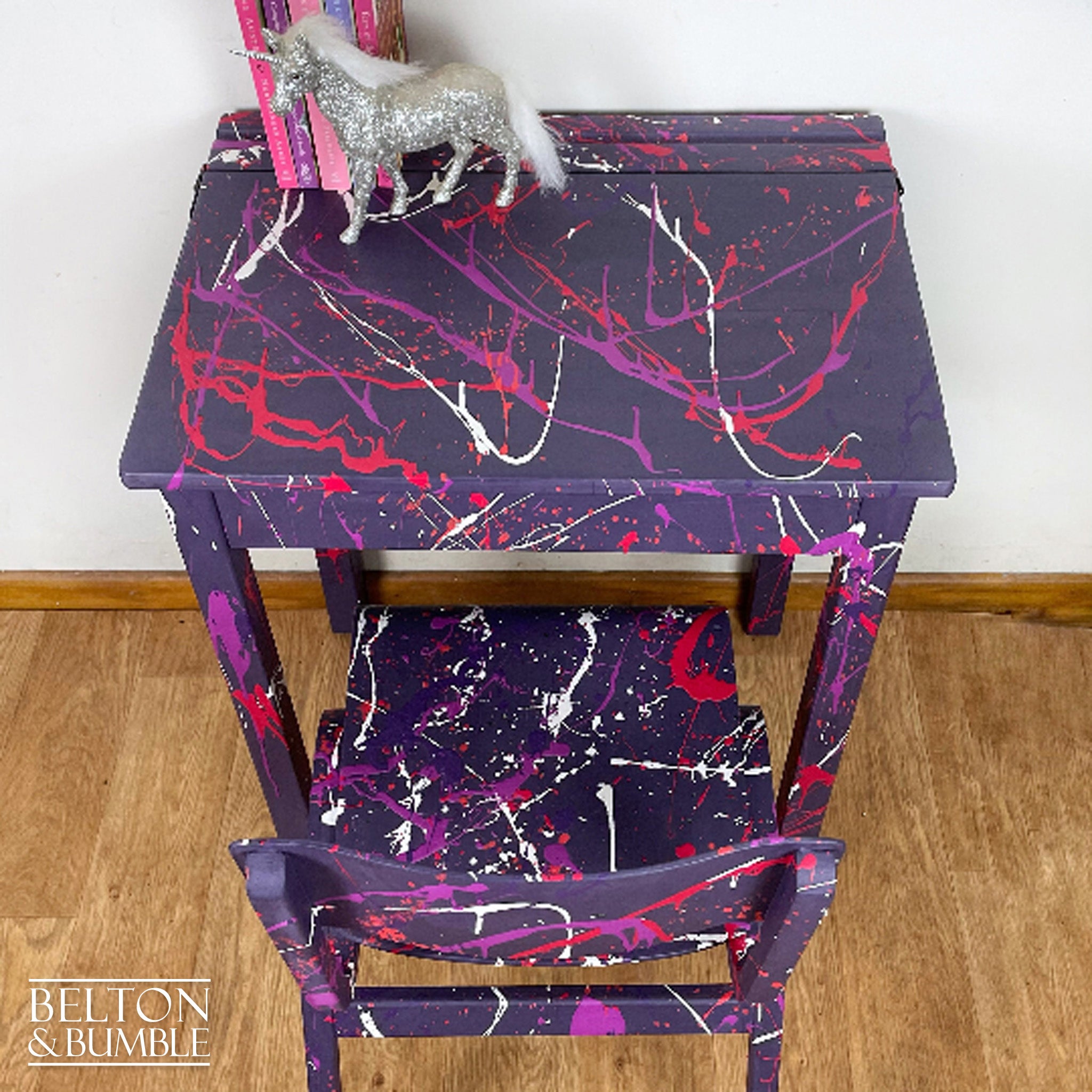 Old School Lift Lid Child’s Writing Desk and Chair in Purple with Multi Coloured Details-Belton & Bumble