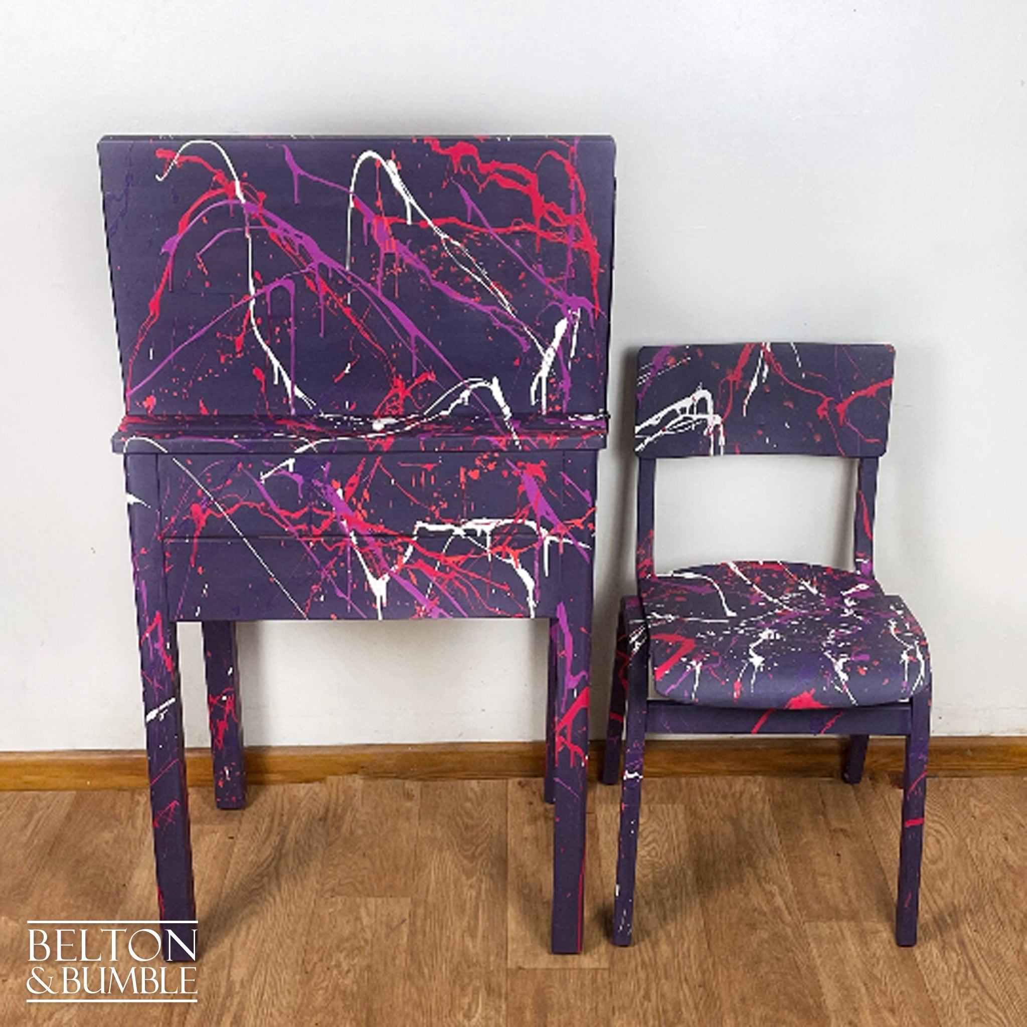 Old School Lift Lid Child’s Writing Desk and Chair in Purple with Multi Coloured Details-Belton & Bumble