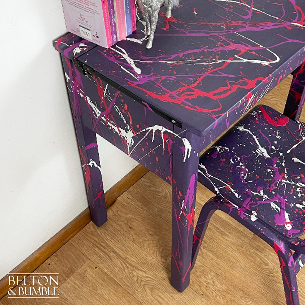 Old School Lift Lid Child’s Writing Desk and Chair in Purple with Multi Coloured Details-Belton & Bumble