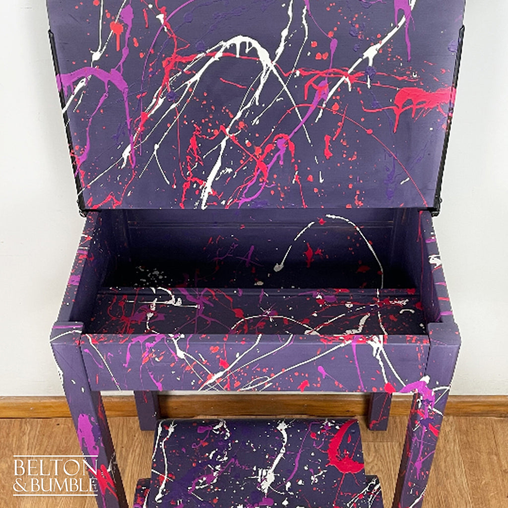 Old School Lift Lid Child’s Writing Desk and Chair in Purple with Multi Coloured Details-Belton & Bumble