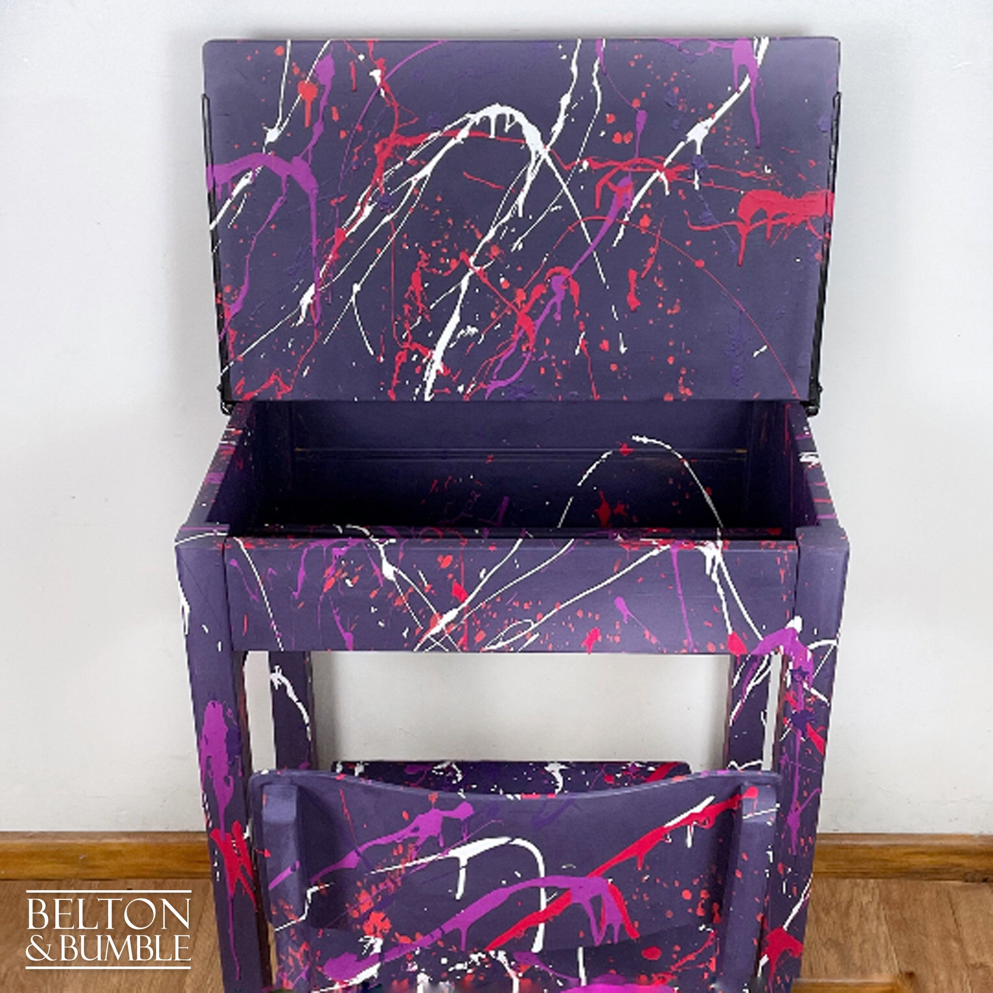 Old School Lift Lid Child’s Writing Desk and Chair in Purple with Multi Coloured Details-Belton & Bumble