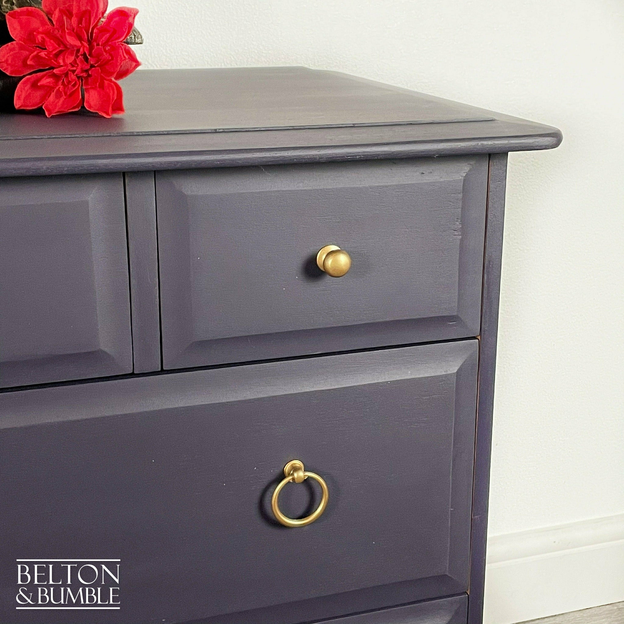 Five Drawer Chest of Drawers and Bedside Drawer Set by Stag Minstrel in Dark Purple-Belton & Bumble