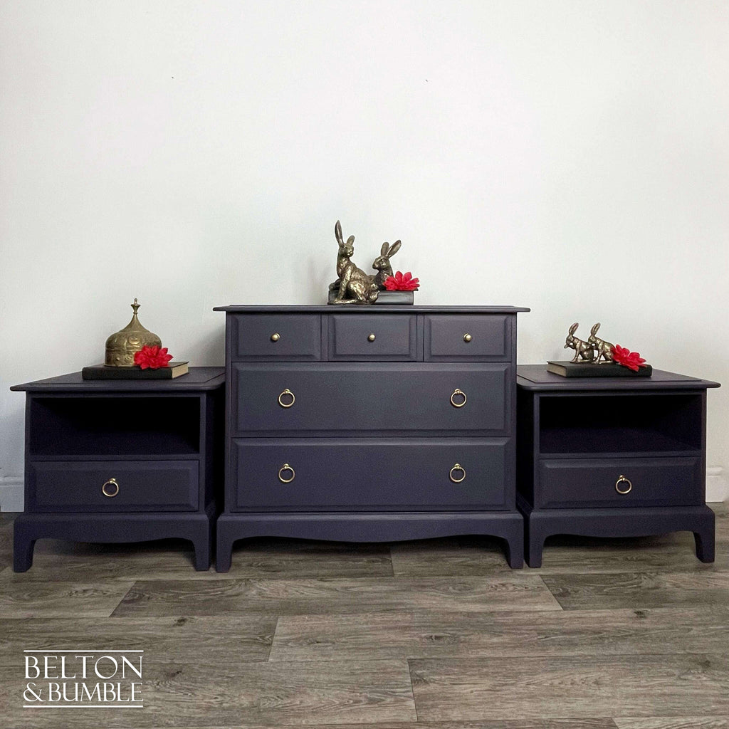 Five Drawer Chest of Drawers and Bedside Drawer Set by Stag Minstrel in Dark Purple-Belton & Bumble
