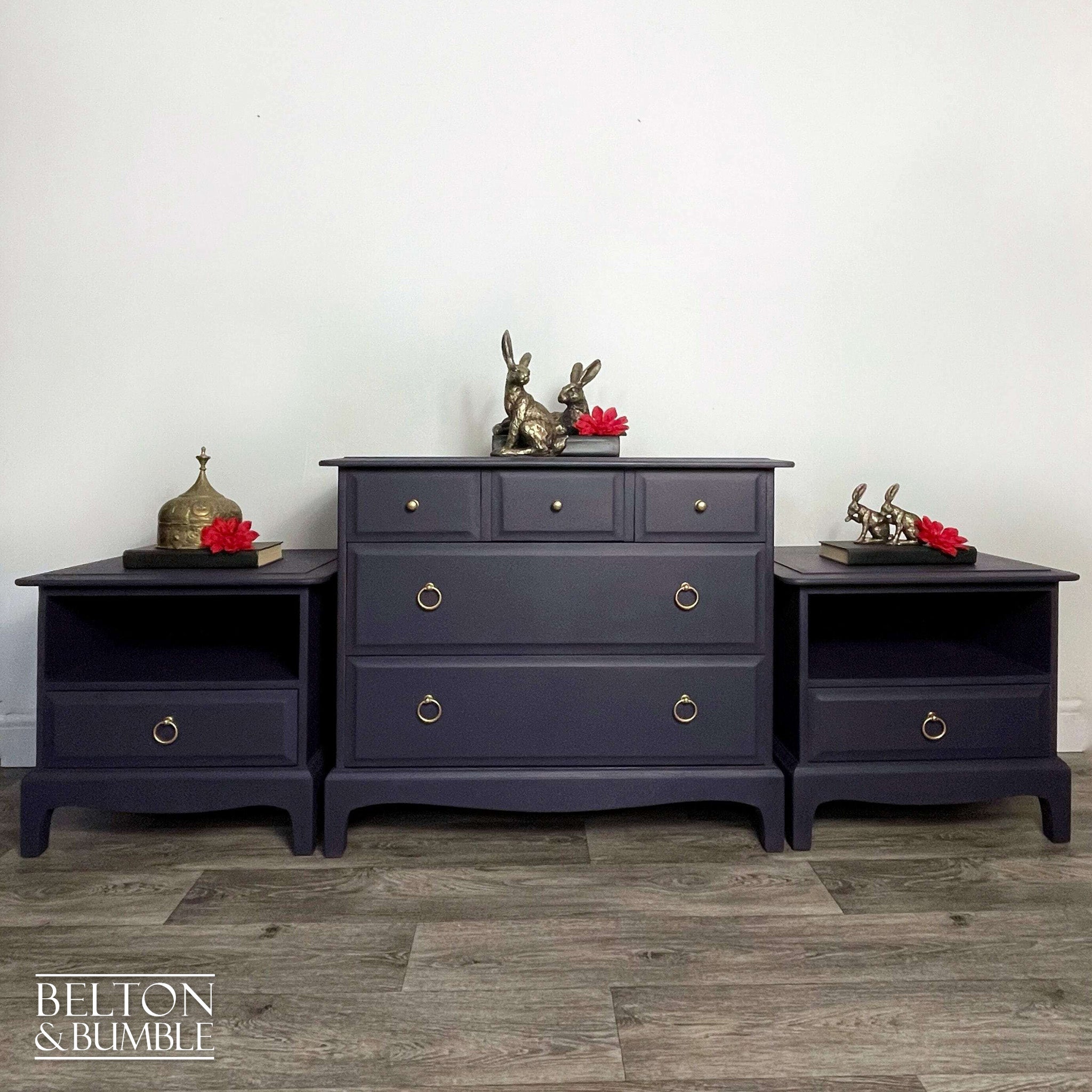 Five Drawer Chest of Drawers and Bedside Drawer Set by Stag Minstrel in Dark Purple-Belton & Bumble