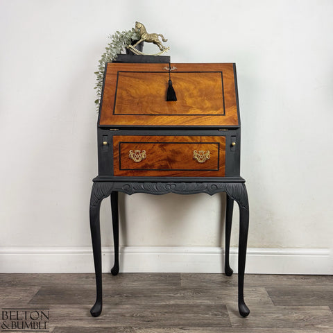 Restored Queen Anne vintage bureau with burr walnut fall front and black carved legs by Belton & Bumble