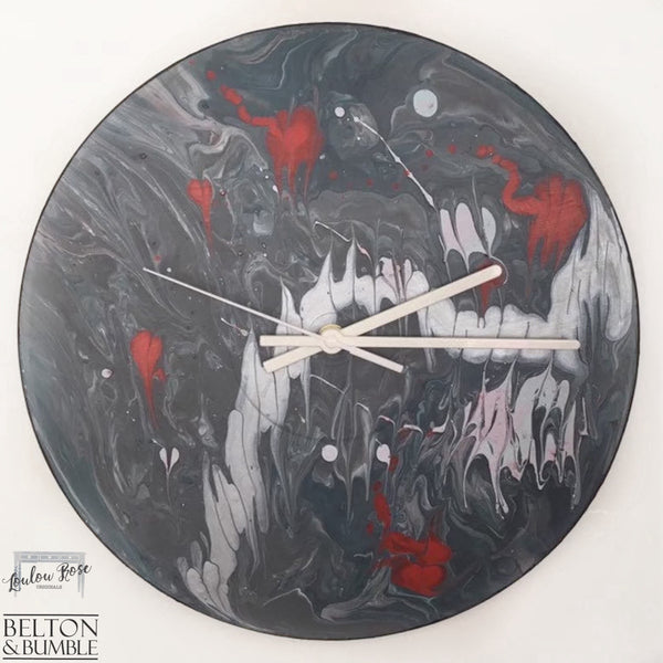 Red & Grey Vinyl Record Clock — front view of 12-inch abstract vinyl clock