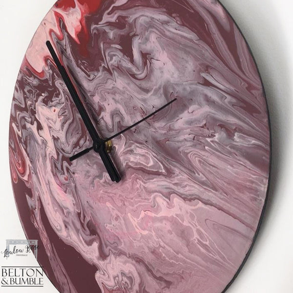 Red & Pink Marble Vinyl Clock —  close up shot showing depth of clock