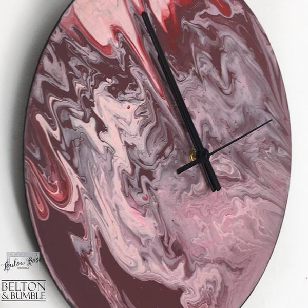 Red & Pink Marble Vinyl Clock —  close up shot highlighting layered pour patterns