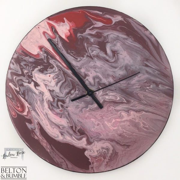 Red & Pink Marble Vinyl Clock — front view of 12-inch abstract vinyl clock