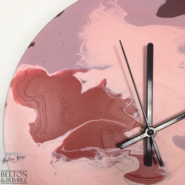 Red & Pink Vinyl Record Clock – Abstract Burst Design — edge profile showing close up paint