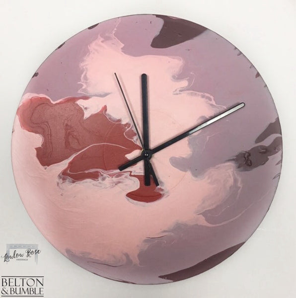 Red & Pink Vinyl Record Clock – Abstract Burst Design — front view of 12-inch abstract vinyl clock