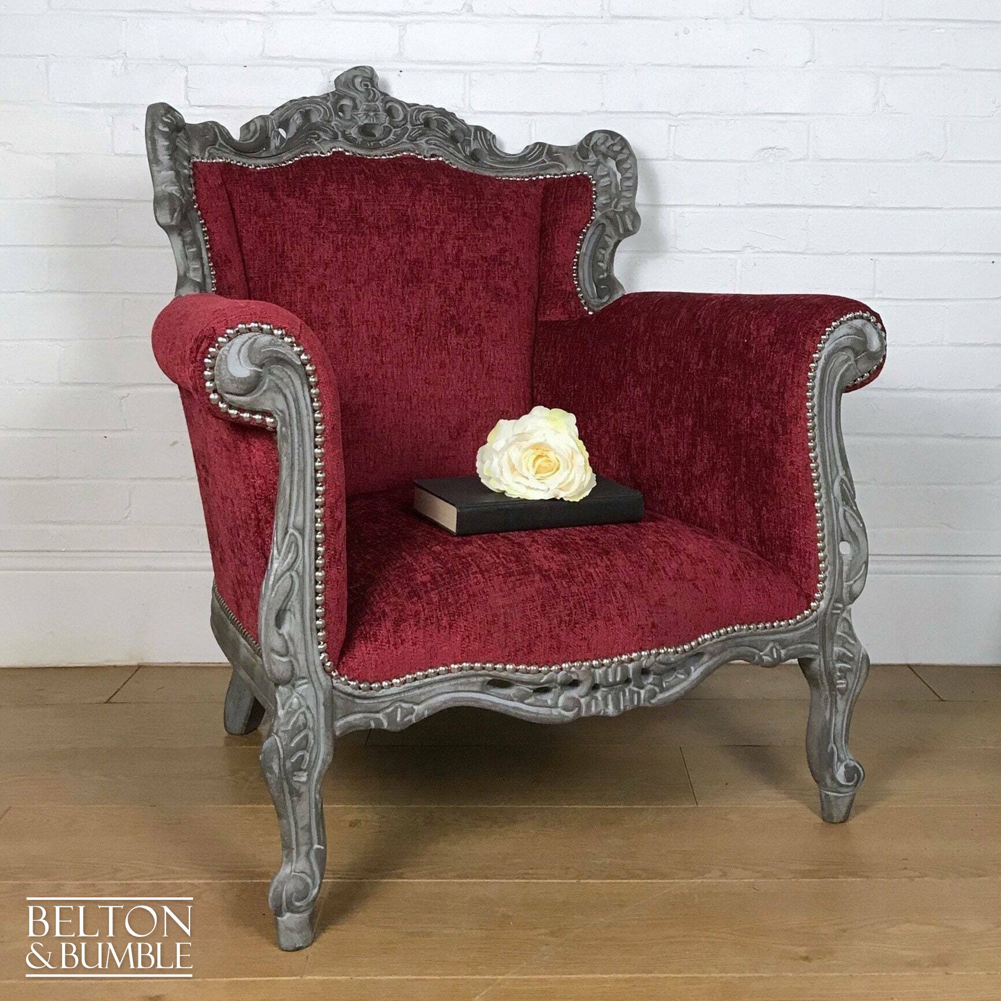 Louis Style Throne Armchair in Grey & Red Chenille-Belton & Butler