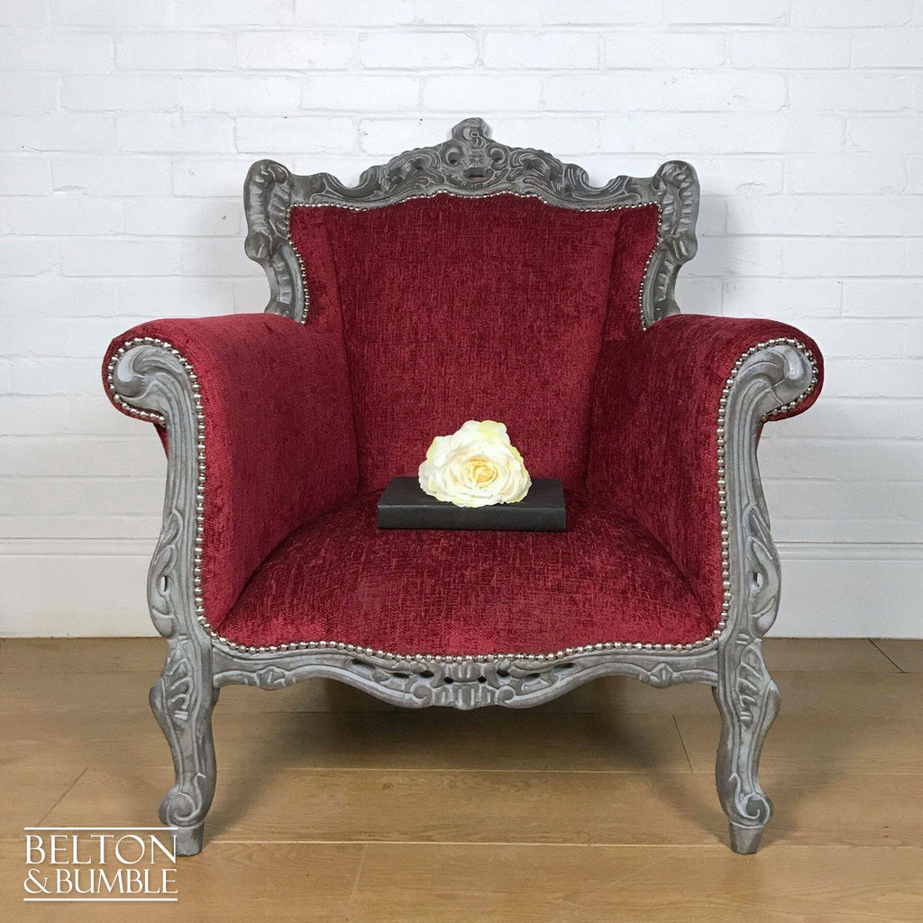 Louis Style Throne Armchair in Grey & Red Chenille-Belton & Bumble