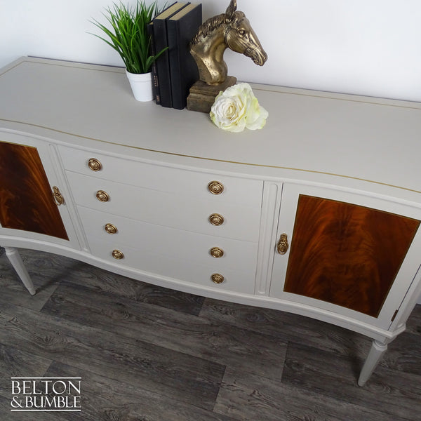 Regency Style Bow-Fronted Mahogany Sideboard in Beige — angled view showing serpentine top and slender legs