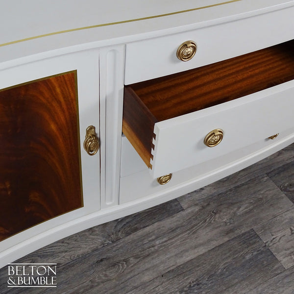 Regency Style Bow-Fronted Mahogany Sideboard in Beige — Drawers open showing dovetails