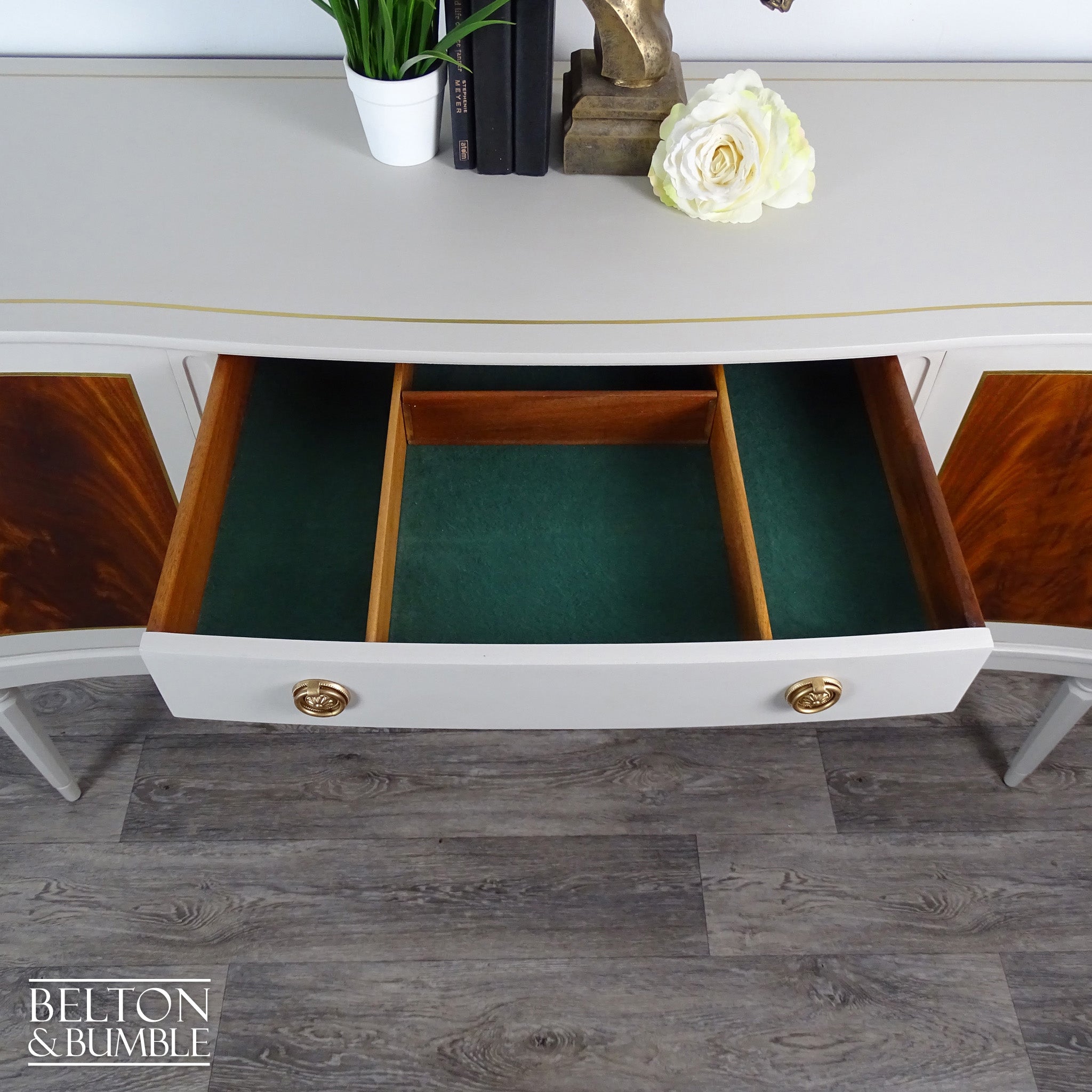 Regency Style Bow-Fronted Mahogany Sideboard in Beige — close-up of green felt liner and divider compartments