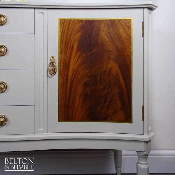 Regency Style Bow-Fronted Mahogany Sideboard in Beige — Close-up of flame burr mahogany grain treated with Osmo oil