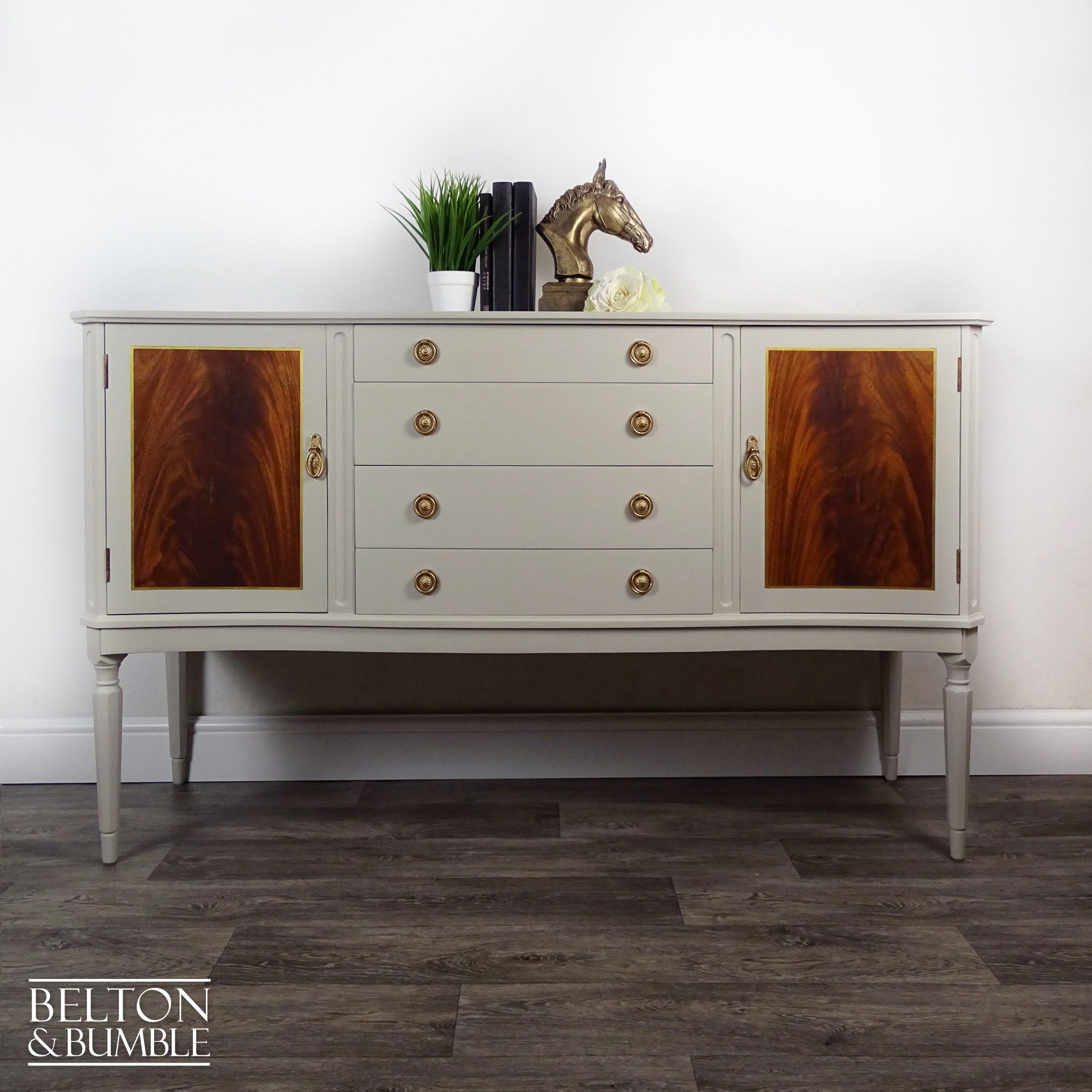 Regency Style Bow-Fronted Mahogany Sideboard in Beige — front view of four drawers and twin cupboards