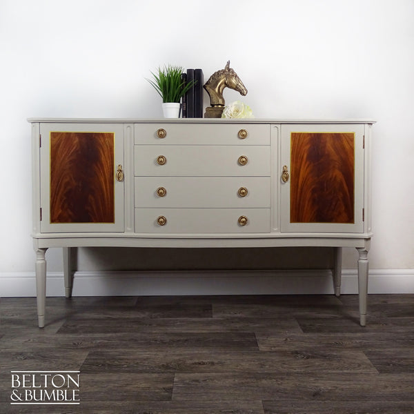Regency Style Bow-Fronted Mahogany Sideboard in Beige — front view of four drawers and twin cupboards