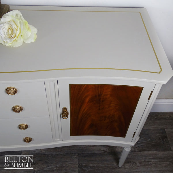 Regency Style Bow-Fronted Mahogany Sideboard in Beige — painted border on serpentine top echoing cabinet shape