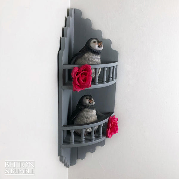 Rustic Decorative Corner Shelving in Grey – angled view showing proportions and stance