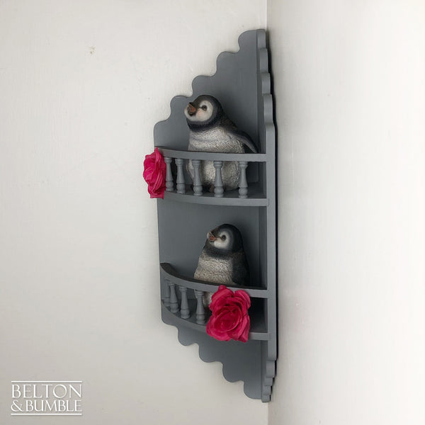 Rustic Decorative Corner Shelving in Grey – angled right view showing proportions and stance