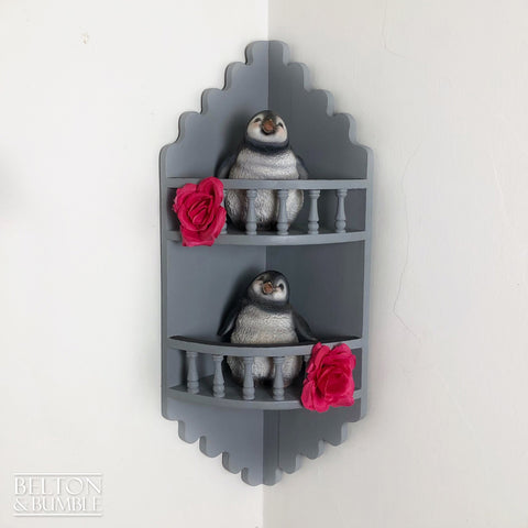 Rustic Decorative Corner Shelving in Grey – Styled product shot with complementary decor to suggest scale