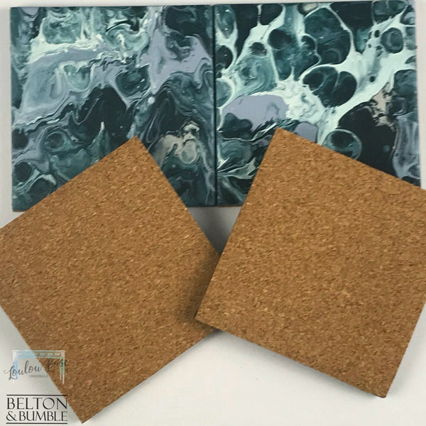 Set of 4 Blue & Silver Acrylic Pour Coasters – Modern Handmade Set — underside showing natural cork backing