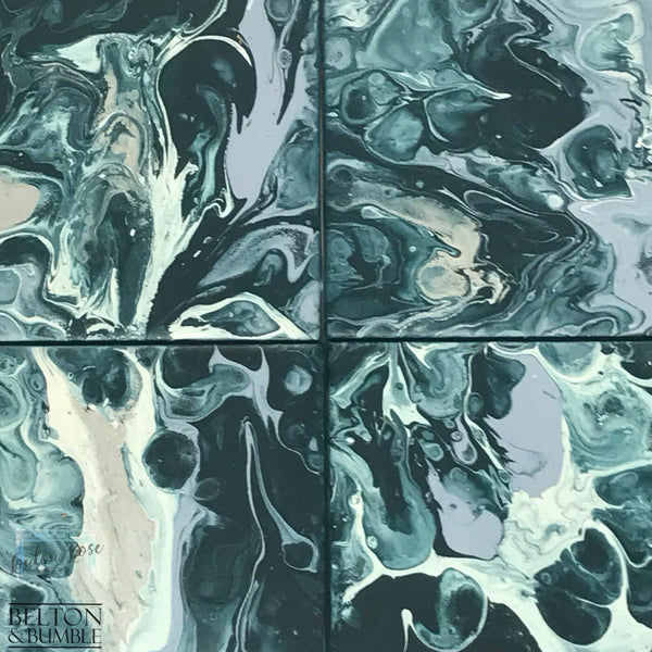 Set of 4 Blue & Silver Acrylic Pour Coasters – Modern Handmade Set — close-up of acrylic pour swirls and cells