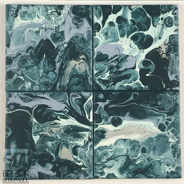 Set of 4 Blue & Silver Acrylic Pour Coasters – Modern Handmade Set — overhead grid showing full 4-piece set